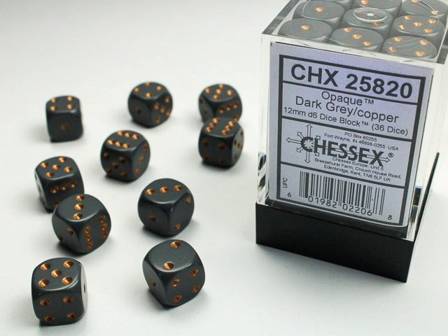 Chessex CHX-25820 Opaque 12mm d6 Dark Grey/Copper Block (36)