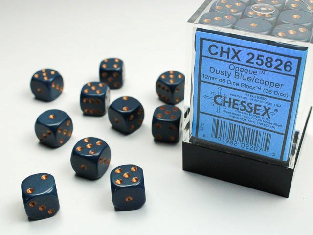 Chessex CHX-25826 Opaque 12mm d6 Dusty Blue/Copper Block (36)