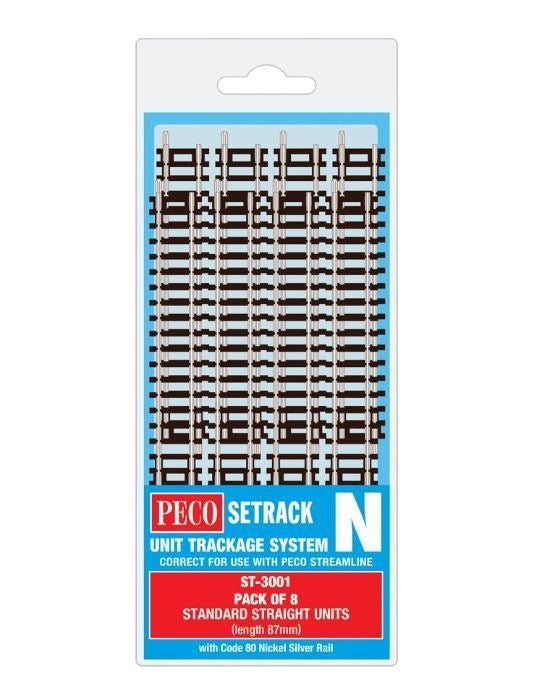 Peco ST-3001 N Setrack Standard Straight Pack (Code80) Pack of 8