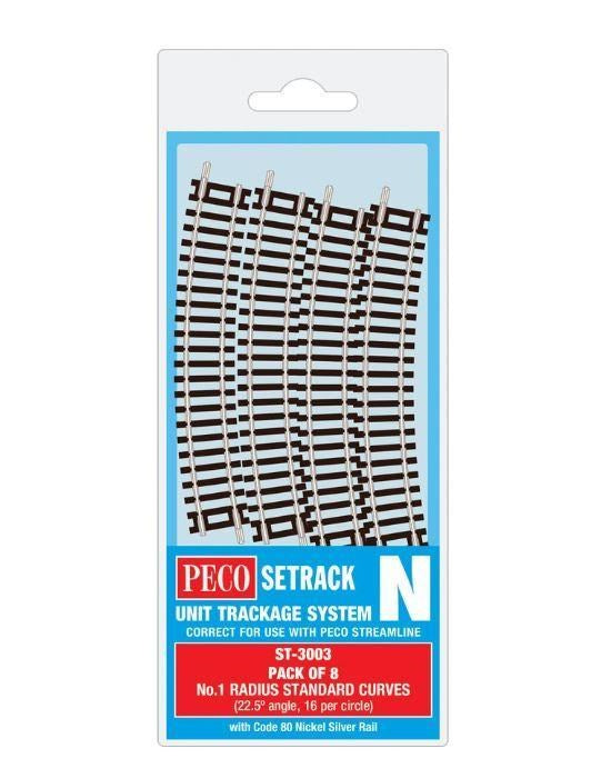 Peco ST-3003 N Setrack Standard Curve, 1st Radius Pack (Code80) Pack of 8