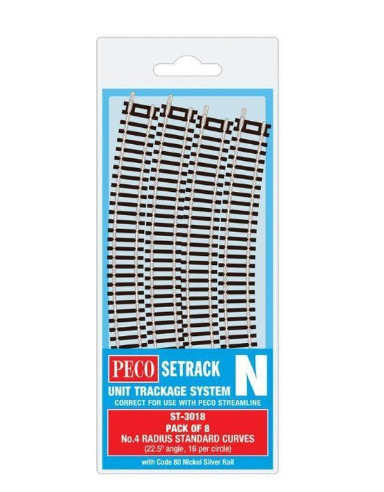 Peco ST-3018 N Setrack Standard Curve, 4th Radius Pack (Code80) Pack of 8