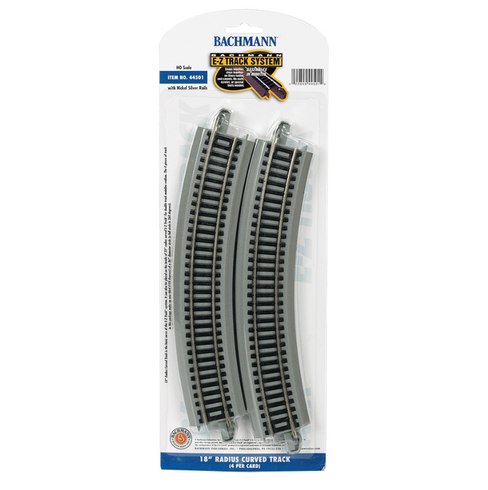 Bachmann USA 44501 [HO] E-Z Track 18" Radius Curved Sections (4/card) - Nickel/Gray