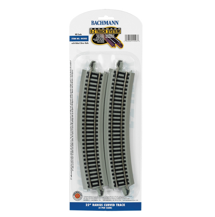 Bachmann USA 44503 [HO] E-Z Track 22" Radius Curved (4/card) - Nickel/Gray