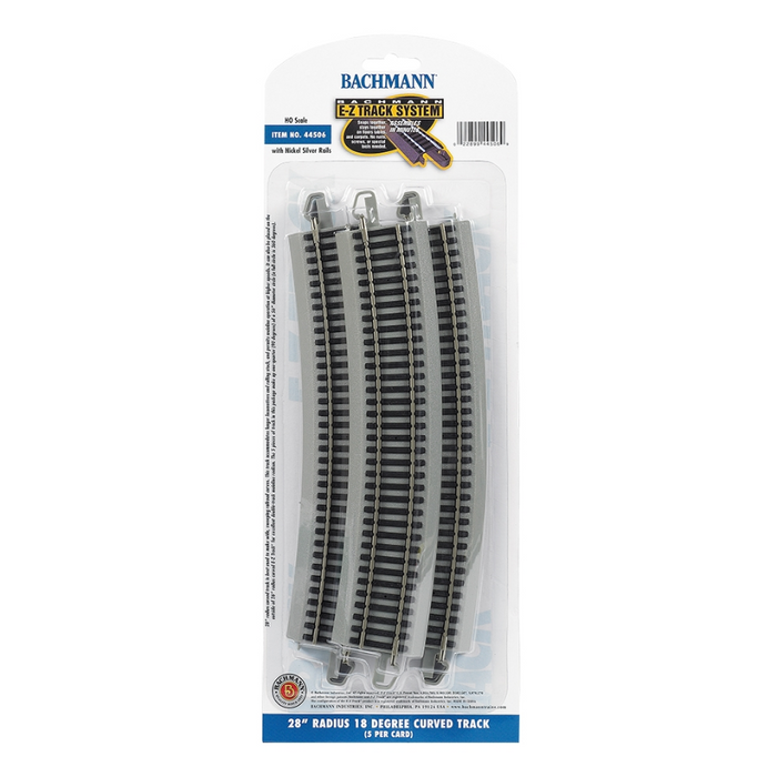 Bachmann USA 44506 [HO] E-Z Track 28" Radius 18 Degree Curved (4/card) - Nickel/Gray