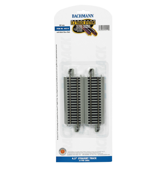 Bachmann USA 44514 [HO] E-Z Track 4.50" Straight Track (4/Card) - Nickel/Gray