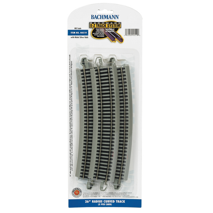 Bachmann USA 44519 [HO] E-Z Track 26" Radius Curved (5/card) - Nickel/Gray