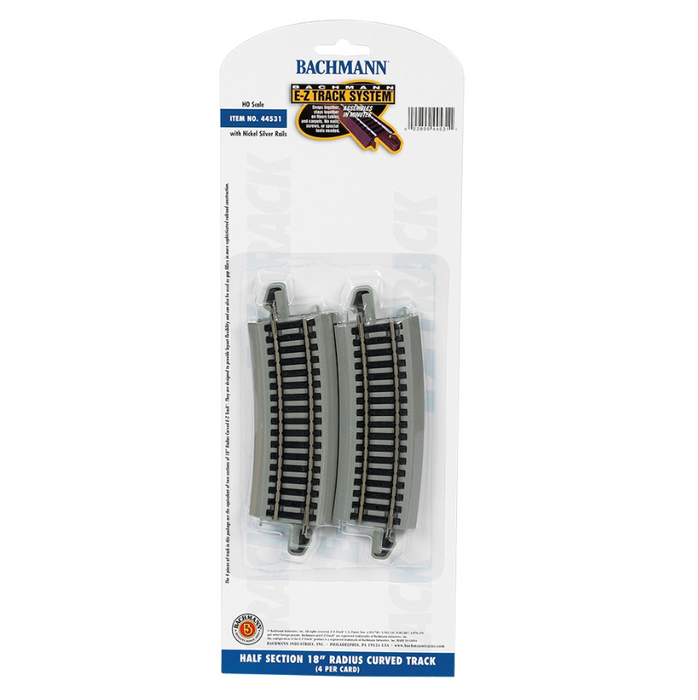 Bachmann USA 44531 [HO] E-Z Track Half-Section 18" Radius Curved Track (4/Card) - Nickel/Gray