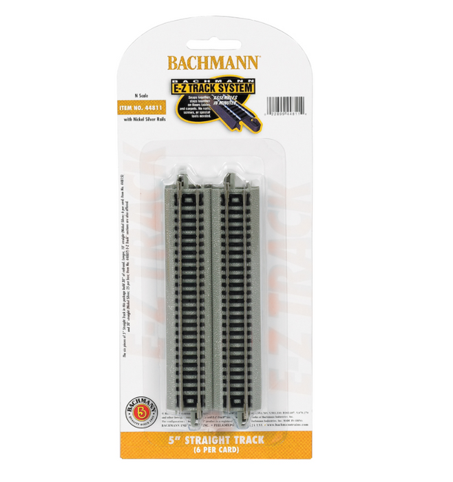 Bachmann USA 44811 [N] E-Z Track 5" Straight (6/card) - Nickel/Gray
