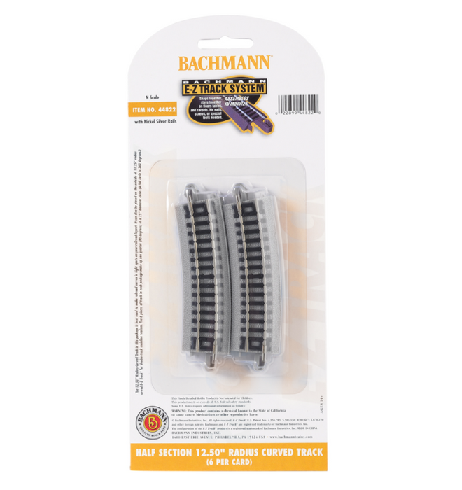 Bachmann USA 44822 [N] E-Z Track Half Section 12.50" Radius Curved (6/card) - Nickel/Gray