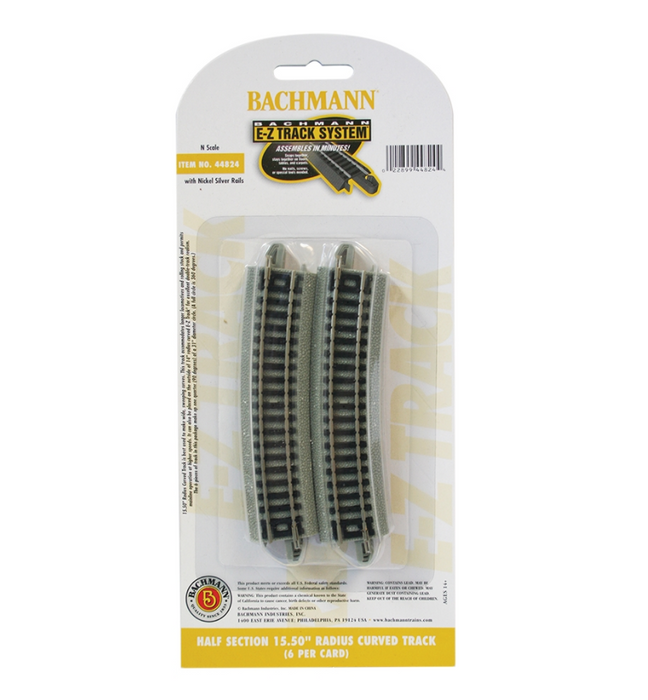 Bachmann USA 44824 [N] Half Section 15.50" Radius Curved Track (6/Card) - Nickel/Gray