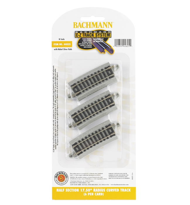 Bachmann USA 44825 [N] Half Section 17.50" Radius Curved Track (6/Card) - Nickel/Gray