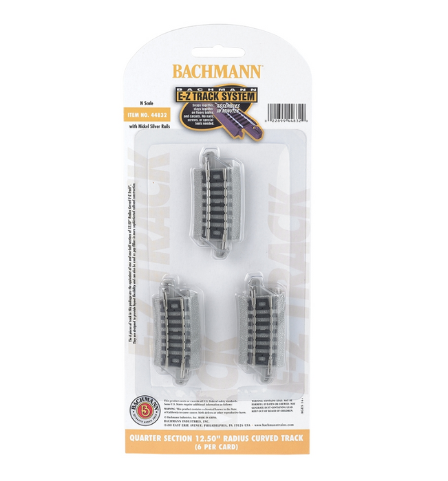 Bachmann USA 44832 [N] Quarter Section 12.50" Radius Curved Track (6/Card) - Nickel/Gray