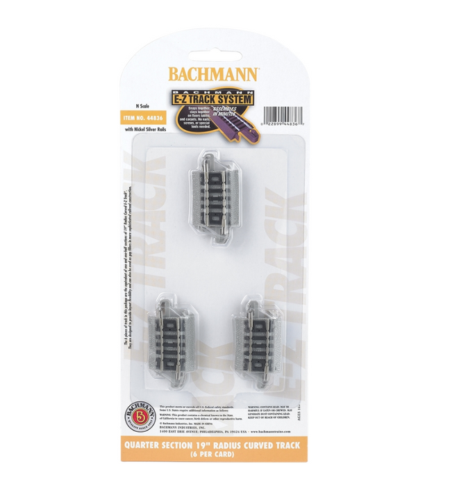 Bachmann USA 44836 [N] Quarter Section 19" Radius Curved Track (6/Card) - Nickel/Gray