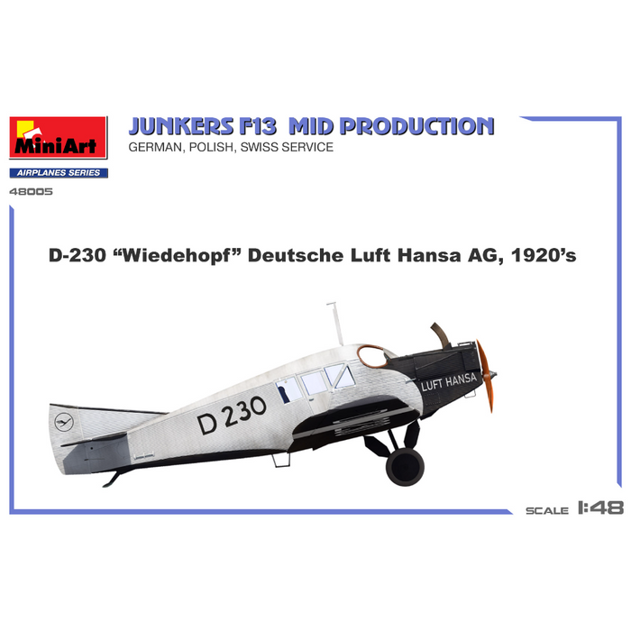 MiniArt 48005 1:48 Junkers F13. Mid Prod. German, Polish, Swiss Service