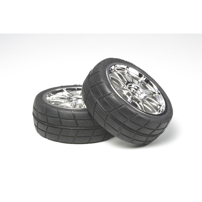 Tamiya 53956 10-SPOKE METAL PLATED WHEEL w/CEMENTED RADIAL TIRE (2pcs)