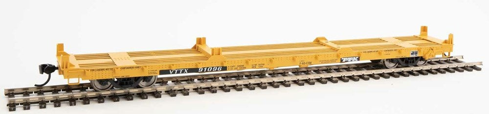 Walthers Mainline 910-5379 HO 60' Pullman-Standard Flatcar - Trailer-Train VTTX #91096 (20' & 40' Container Loading; yellow, black, white)