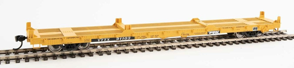 Walthers Mainline 910-5380 HO 60' Pullman-Standard Flatcar - Trailer-Train VTTX #91103 (20' & 40' Container Loading; yellow, black, white)