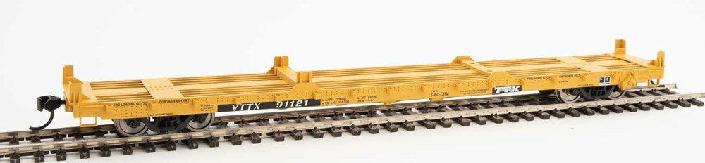 Walthers Mainline 910-5381 HO 60' Pullman-Standard Flatcar - Trailer-Train VTTX #91121 (20' & 40' Container Loading; yellow, black, white)