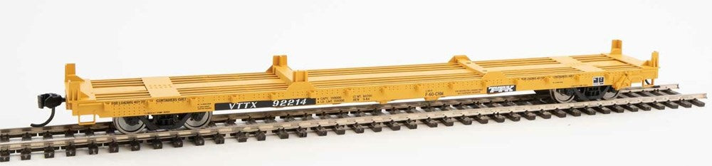 Walthers Mainline 910-5382 HO 60' Pullman-Standard Flatcar - Trailer-Train VTTX #92214 (20' & 40' Container Loading; yellow, black, white)