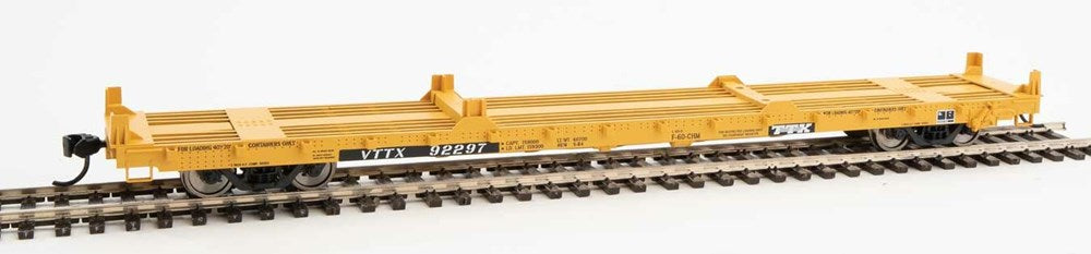 Walthers Mainline 910-5385 HO 60' Pullman-Standard Flatcar - TTX VTTX #92297 (20' & 40' Container Loading; yellow, black, white)