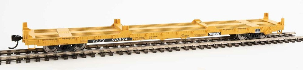 Walthers Mainline 910-5386 HO 60' Pullman-Standard Flatcar - TTX VTTX #92334 (20' & 40' Container Loading; yellow, black, white)