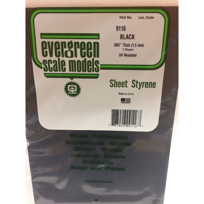 Evergreen 9116 Black Sheet Styrene - 1.5mm Thick - 20.3x53.3cm (2 Sheets)