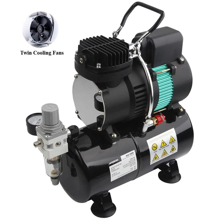 Fengda AC-326 Premium Airbrush Compressor w/Tank & BD-180K Dual-action Airbrush Combo Kit - also includes Cleaning Tools and 3m Braided Hose