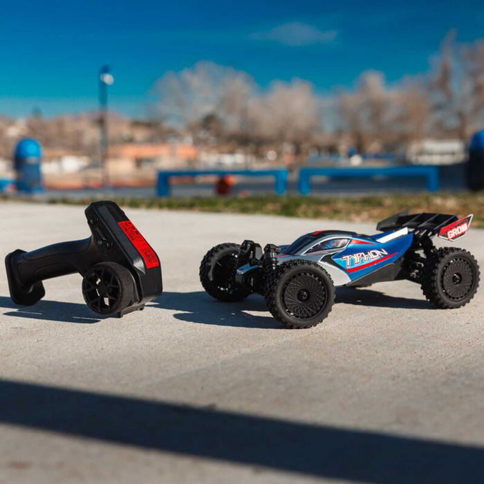 Arrma Typhon Grom Mega 380 Brushed 4X4 Small Scale 1/14 Buggy RTR with Battery & Charger, Blue/Silver