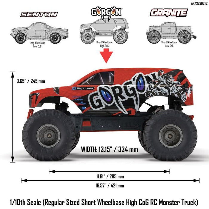 Arrma ARA3230ST2 1/10 Gorgon 4X2 Mega 550 Brushed Monster Truck RTR with Battery & Charger - Red