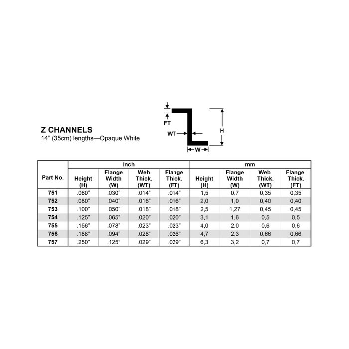 Evergreen 751 Z Channels 0.060  x 14 in (1.5 x 350 mm)