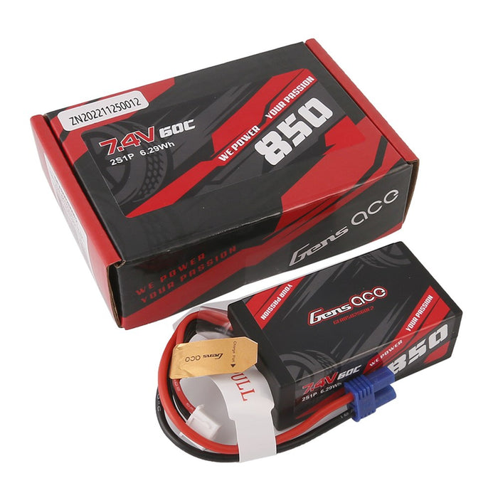 Gens Ace GA0850-2S60-HC 850mAh 7.4V 2S1P 60C Lipo Battery Pack with EC2 Plug 57g 58x32x20.8mm