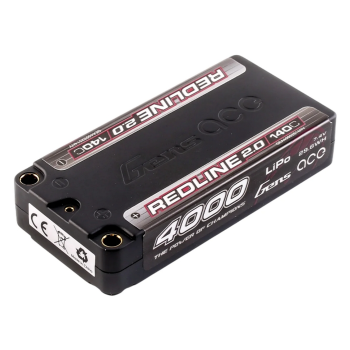Gens Ace 4000mAh 2S 7.4V 140C HardCase Shorty Redline 2.0 Lipo Battery with 5.0mm bullet connectors