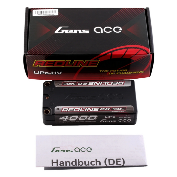 Gens Ace 4000mAh 2S 7.4V 140C HardCase Shorty Redline 2.0 Lipo Battery with 5.0mm bullet connectors