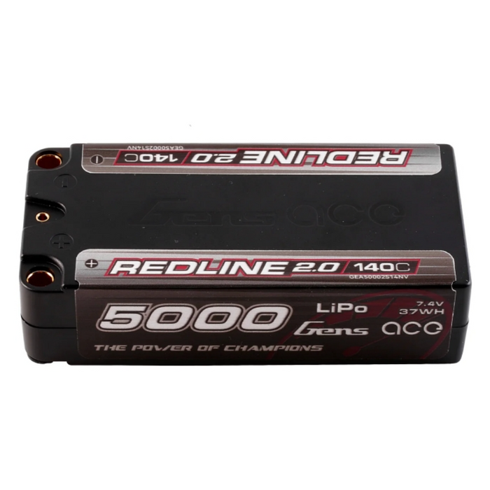 Gens Ace 5000mAh 2S 7.4V 140C HardCase Shorty Redline 2.0 Lipo Battery with 5.0mm bullet connectors