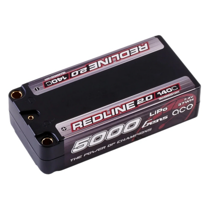 Gens Ace 5000mAh 2S 7.4V 140C HardCase Shorty Redline 2.0 Lipo Battery with 5.0mm bullet connectors