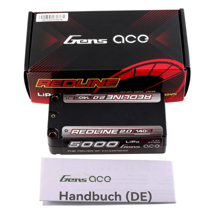 Gens Ace 5000mAh 2S 7.4V 140C HardCase Shorty Redline 2.0 Lipo Battery with 5.0mm bullet connectors