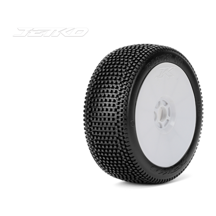 Jetko Block IN 1/8 Buggy/Dish/White Rim/Super Soft/Glued MTD Tires (2 pcs)