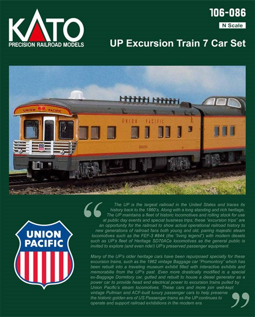 Kato USA 106-086 N Union Pacific Excursion Train 7-Car Set - Ready to Run - Union Pacific (Armour Yellow, gray red)