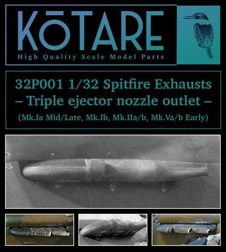 Kotare 32P001 1:32 Spitfire Exhausts, Mk.Ia (Mid/Late), Mk.Ib, Mk.IIa/b, Mk.Va/b (Early) - Triple ejector nozzle outlet