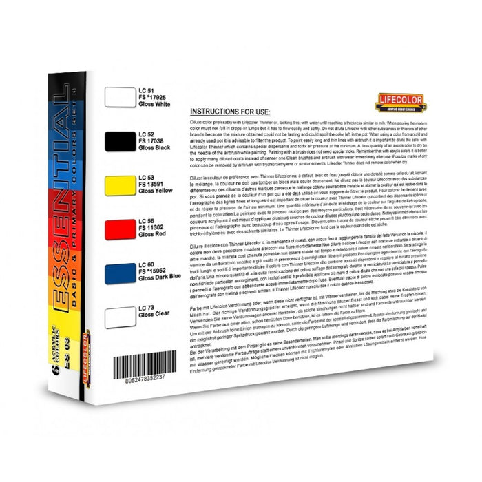Lifecolor ES03 Essential Basic & Primary Colours Set 3 (6 pk - 22ml)