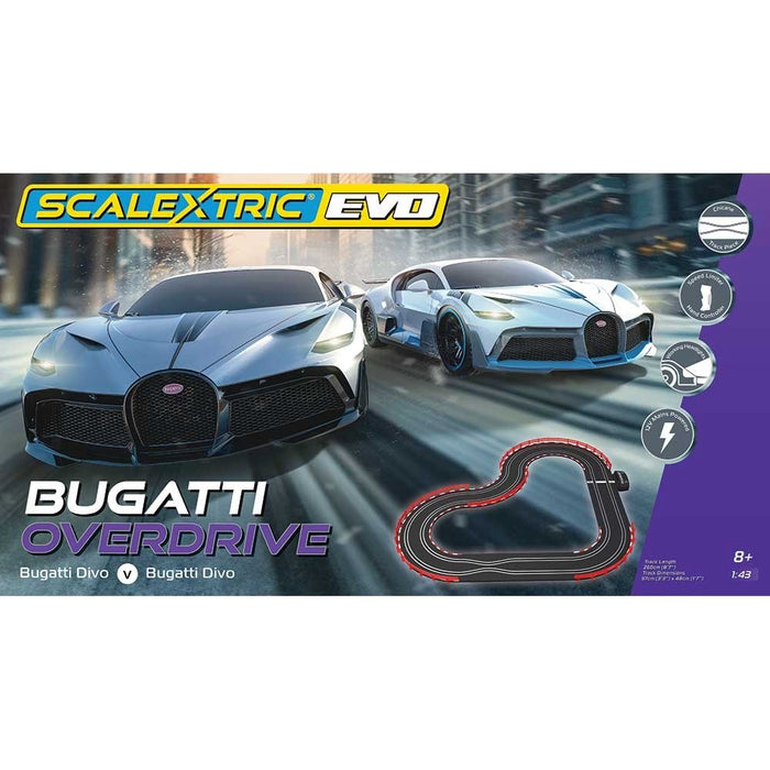 Scalextric EVO F1014SF 1:43 Bugatti Overdrive Mains Operated Slot Car Set (260cm)