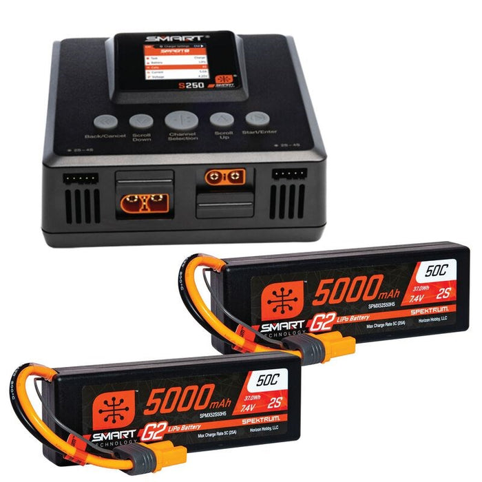Spektrum SPMXPSS500 Smart Powerstage 4S Surface Bundle: (2) G2 5000mAh 2S LiPo IC5 and S250 Charger