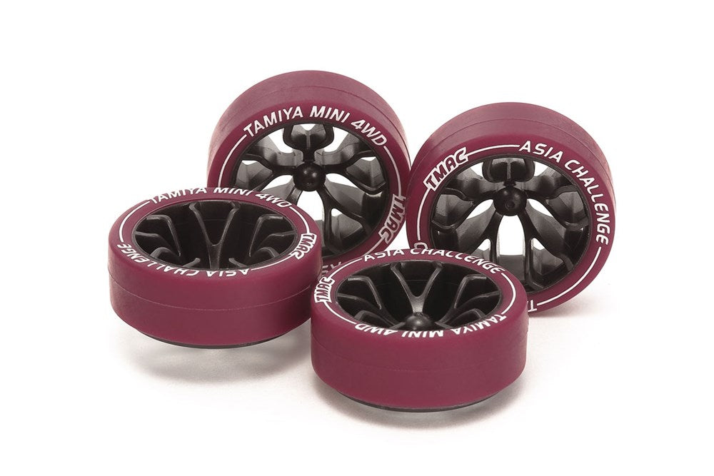 Tamiya 95708 Mini 4WD Small Dia/Low Profile Tires (Maroon) and Carbon Y-spoke Wheel Set (4) Asia Challenge 2026