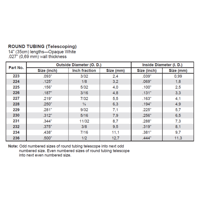 Evergreen 229 Round Tubing 0.281 (9/32)  x 14 in (7.1 x 350 mm)