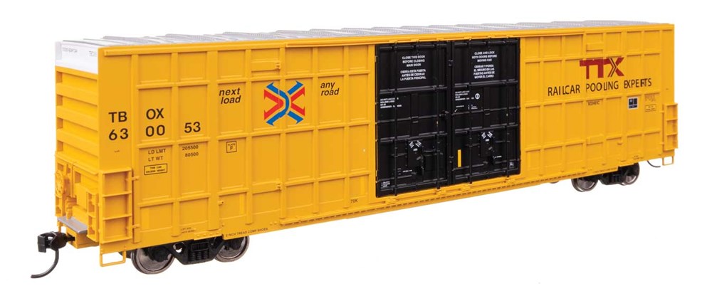 Walthers Mainline 910-3117 HO 60' High Cube Plate F Horizontal Post Boxcar - Ready to Run -- TTX TBOX #630053 (yellow, black, High Lettering)