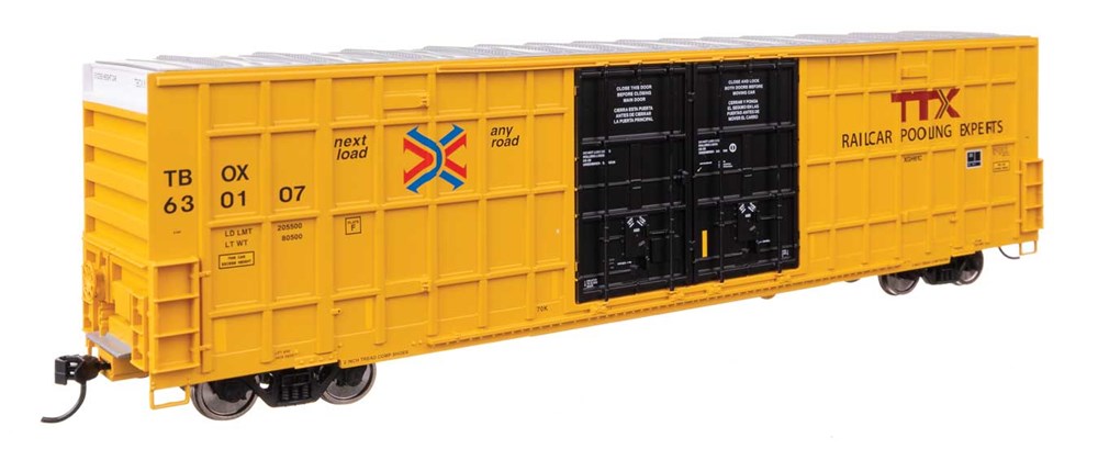 Walthers Mainline 910-3118 HO 60' High Cube Plate F Horizontal Post Boxcar - Ready to Run -- TTX TBOX #630107 (yellow, black, High Lettering)