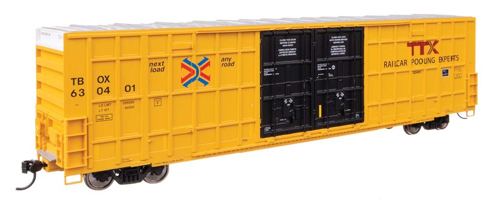 Walthers Mainline 910-3120 HO 60' High Cube Plate F Horizontal Post Boxcar - Ready to Run -- TTX TBOX #630401 (yellow, black, High Lettering)