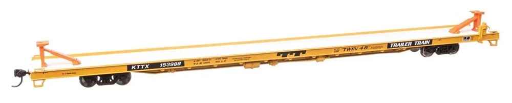 Walthers Mainline 910-5741 HO 89' Channel Side Flatcar - Ready to Run -- Trailer-Train KTTX #153988 (yellow, black; Twin 45')