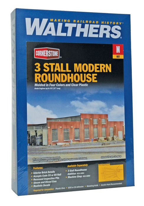 Walthers Cornerstone 933-3260 N 3-Stall Modern Roundhouse -- Kit - 27.4 x 10cm; Stall Width at Rear 8.1cm