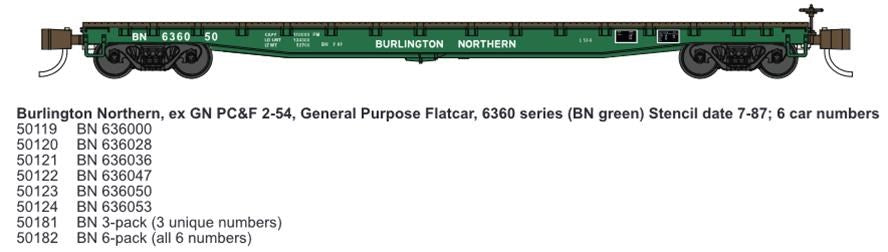 Wheels of Time 50181 N 53'-6" General Service Welded Fish Belly Flatcar - Ready to Run -- Burlington Northern (Cascade Green) - (Pack of 3)